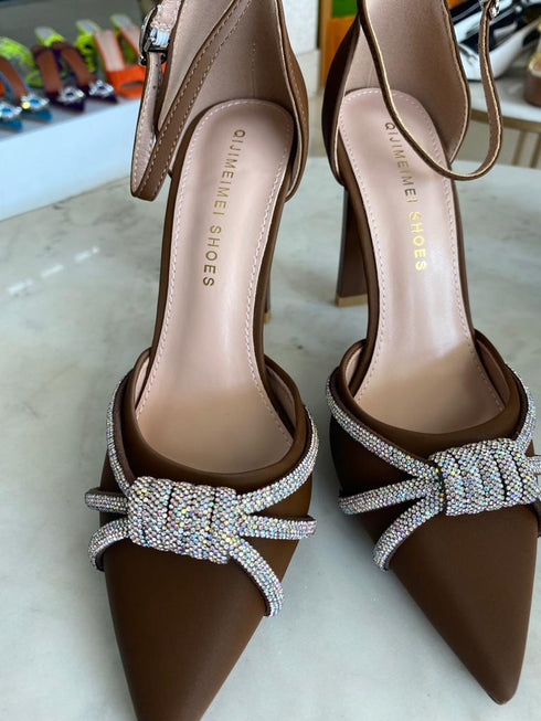 Rhinestone Embedded Pointy Ankle Strap Heels